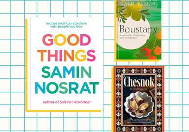 Covers of books titled Good Things by Samin Nosrat Boustany by Sami Tamimi and Chesnok displayed on a gridpatterned background
