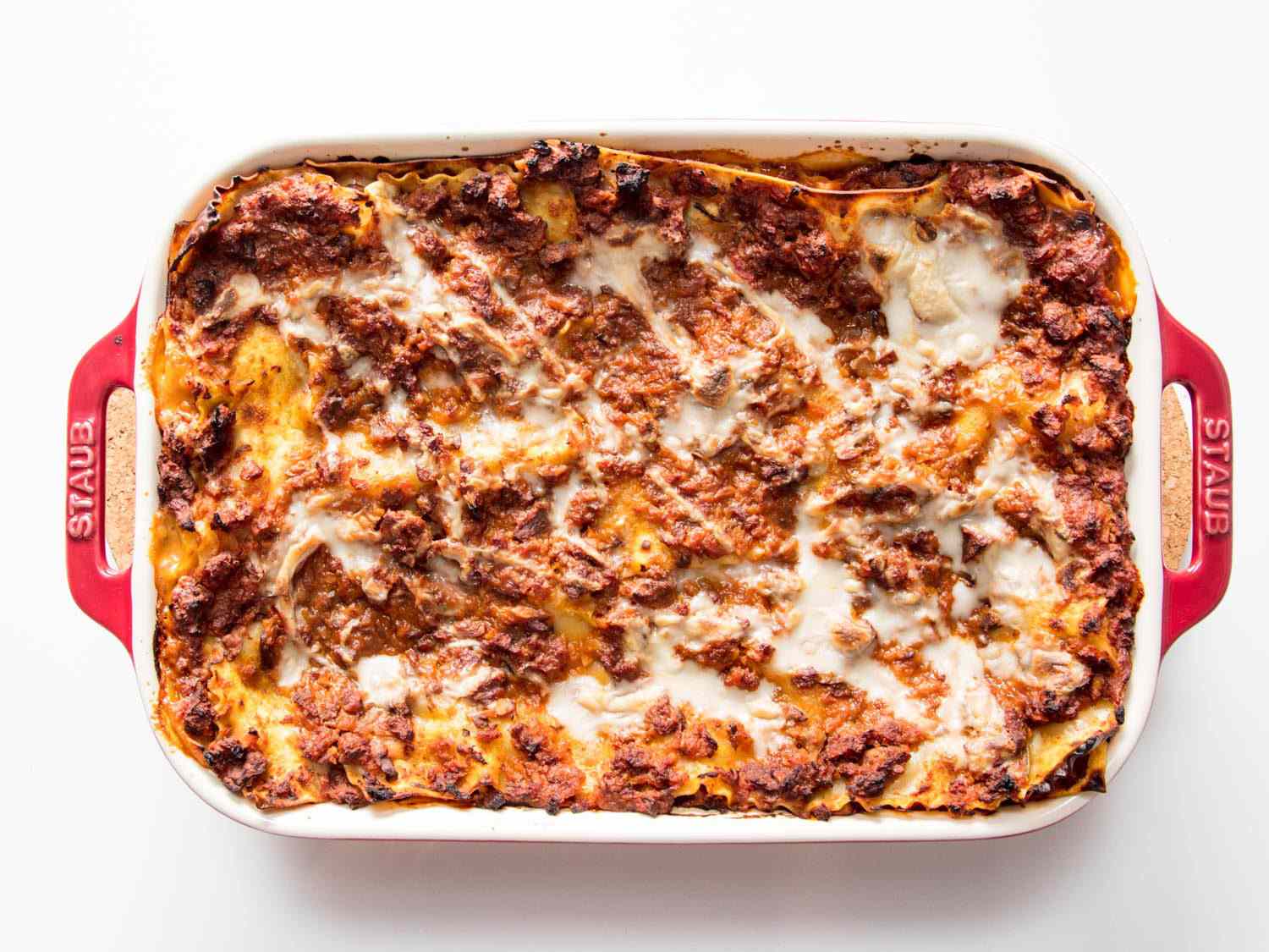 Overhead photo of a baked vegan lasagna bolognese