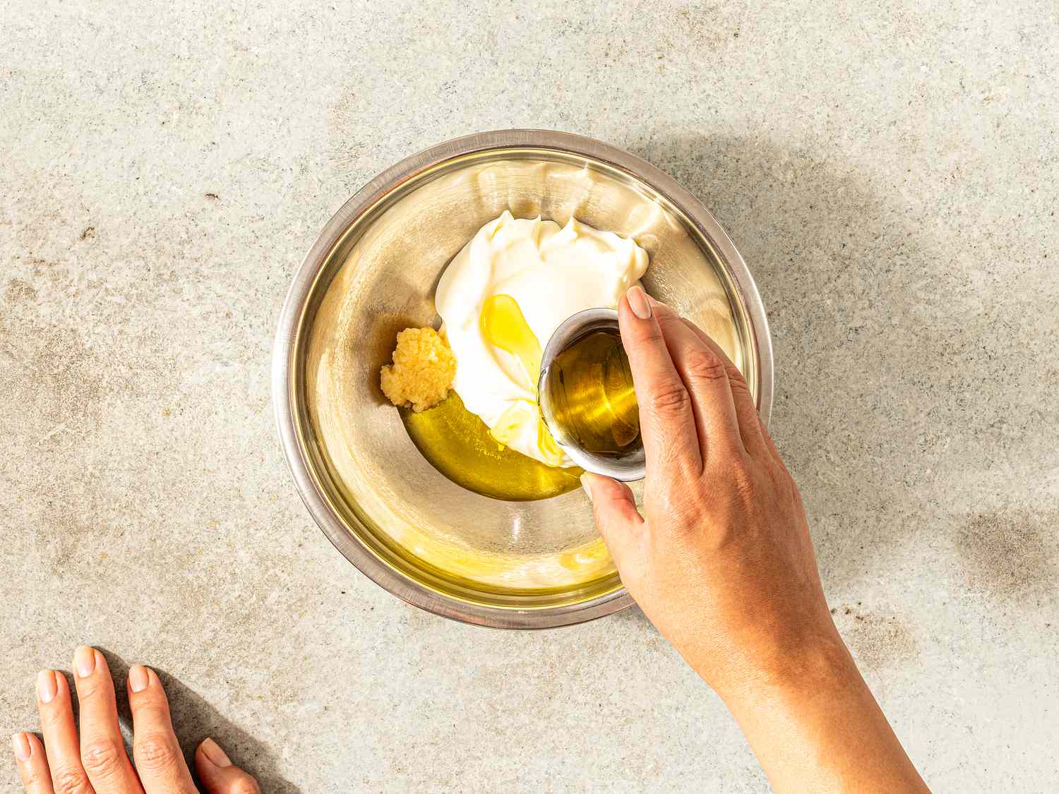 Overhead view of making mayo mixture 