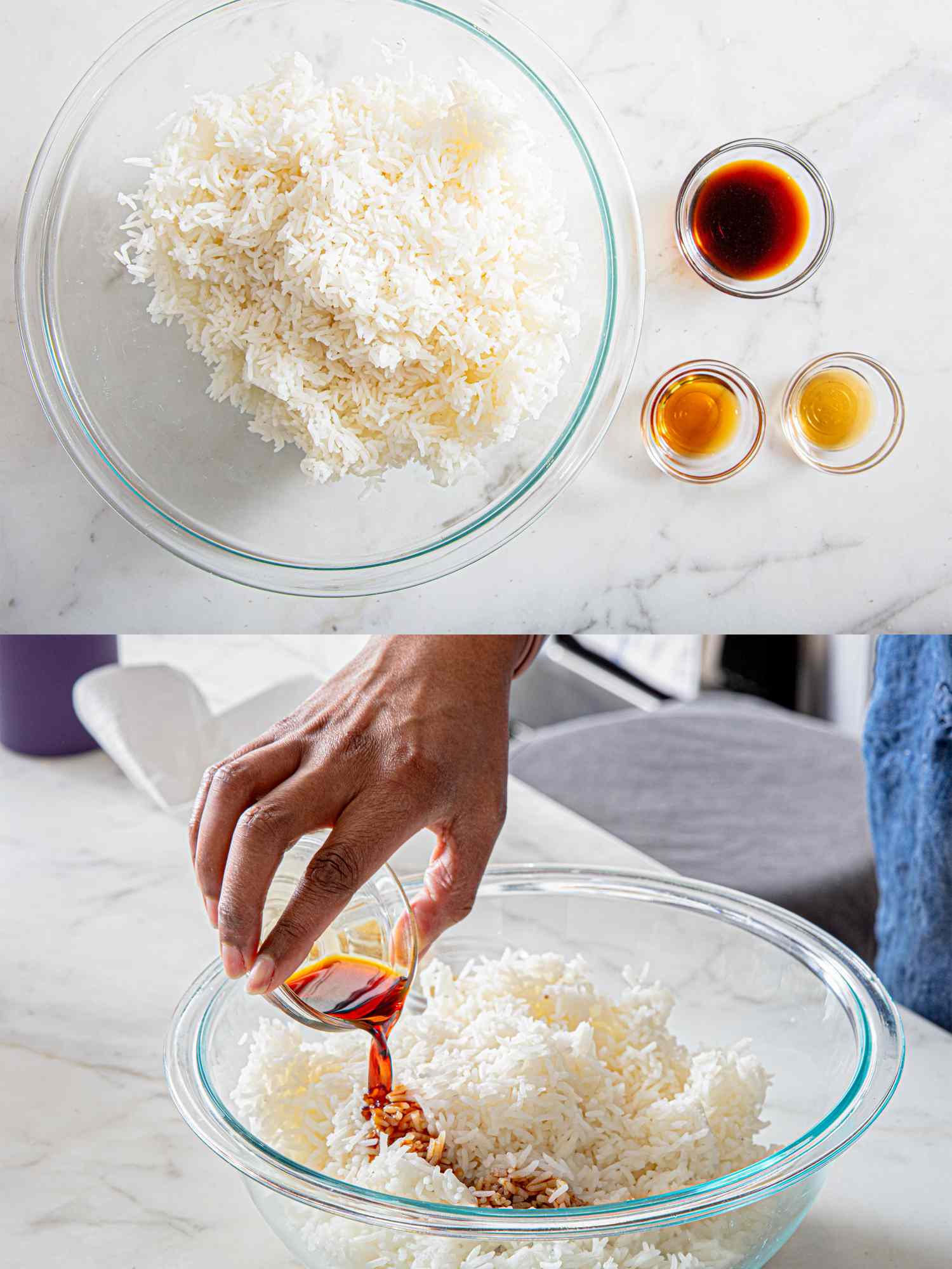 Cooked rice being mixed with soy sauce, preparing ingredients for fried rice