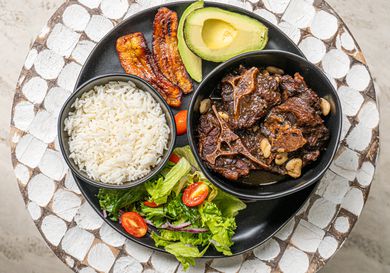 Overhead view of Oxtail on a platter