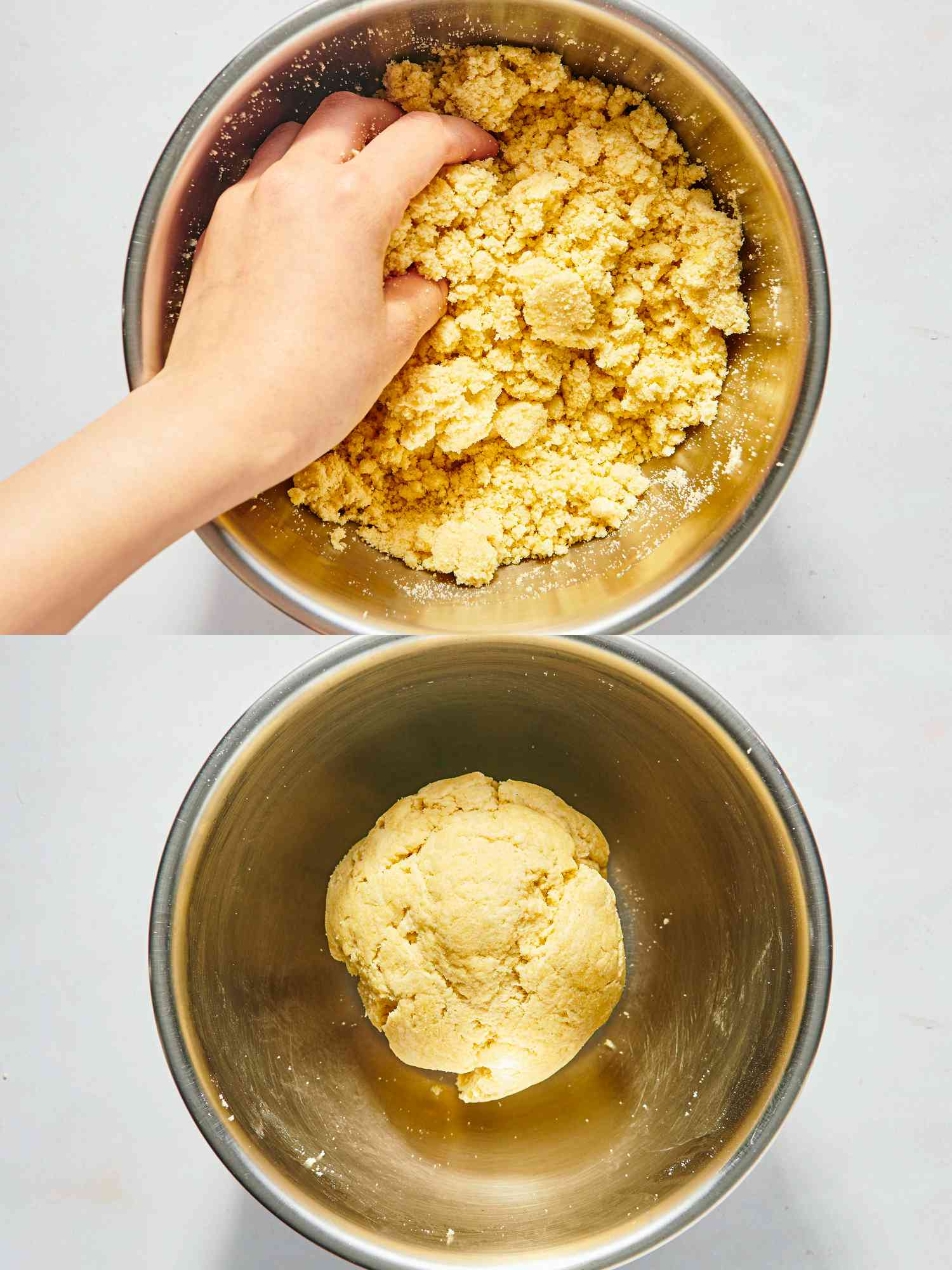 2 image collage. Top: hands pressing dough together in metal bowl. Bottom: Dough shaped into ball in metal bowl