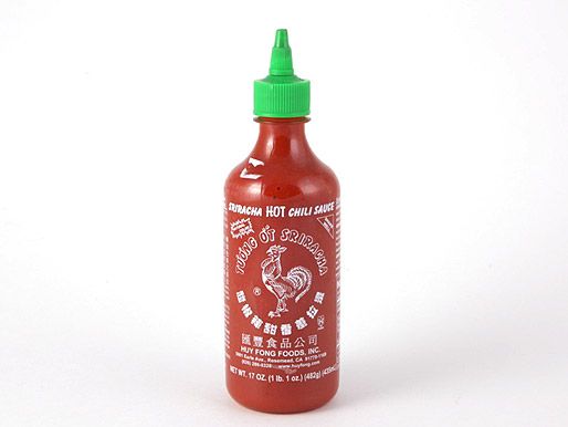 A bottle of Huy Fong Foods sriracha 
