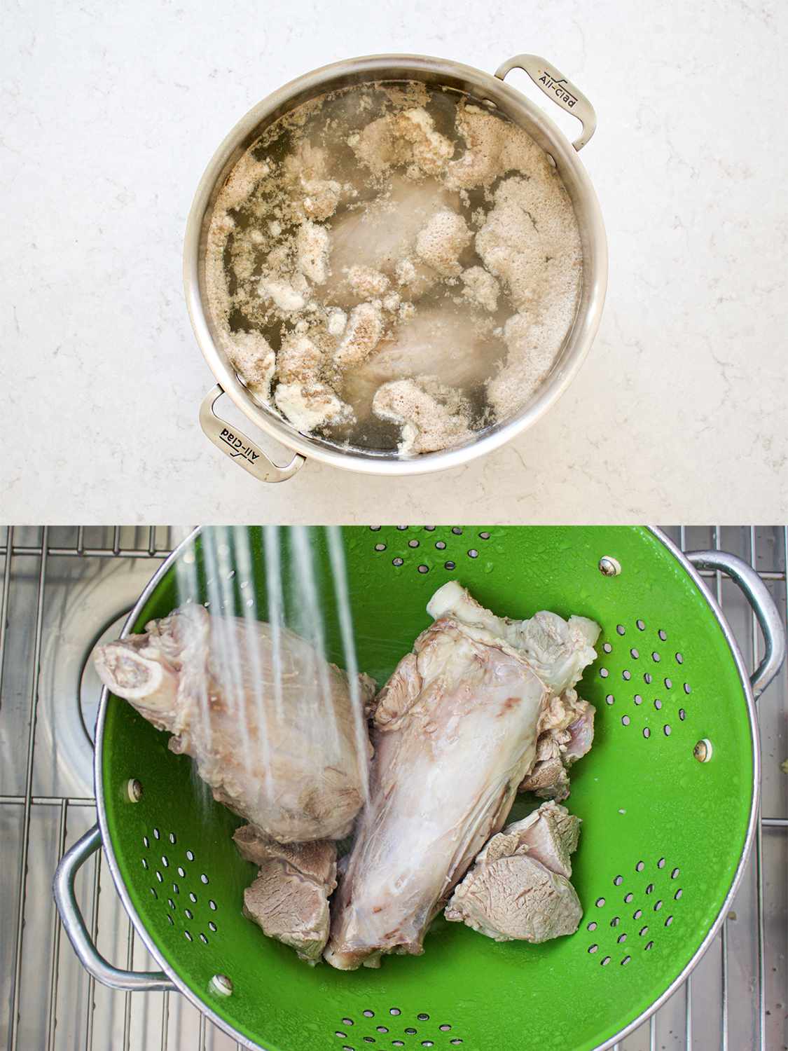 Two image collage of lamb shanks being cooked and washed