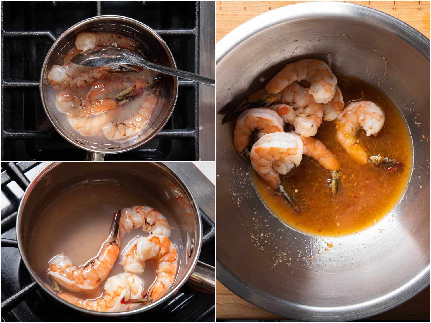 Poaching shrimp and adding to bowl with dressing.