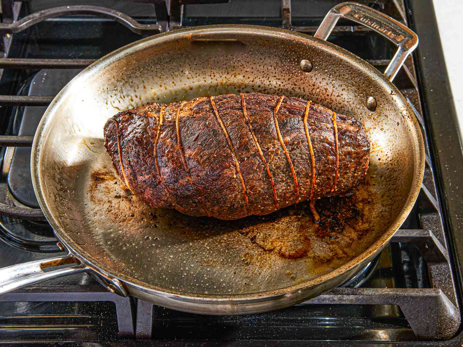 Overhead view of browned roast pork