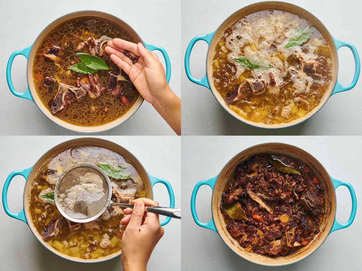 A four-image collage. The top left image shows the Dutch oven with enough water added to almost cover the beef and bones, and with bay leaves, peppercorns, and cloves added as well.Â The top right image shows the contents of the Dutch oven at a simmer. The bottom left image shows a hand skimming off the foam on top of the simmering liquid. The bottom right image shows the Â Dutch oven once the liquid inside has reduced to approximately 4 cups.