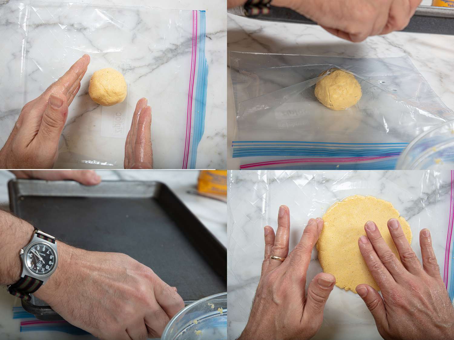 Four image collage of flattening dough