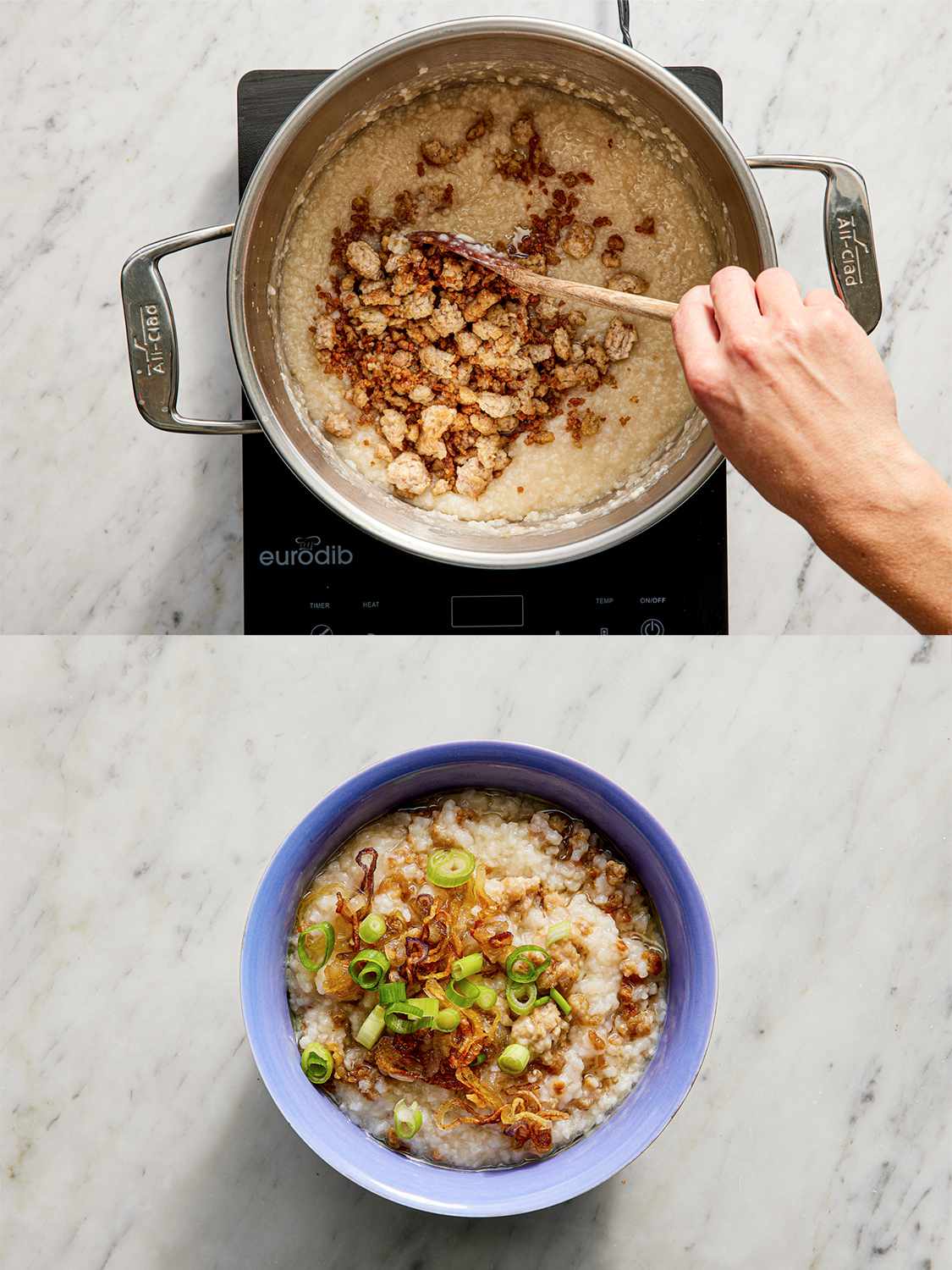 Two image collage of adding pork to porridge in pot and then finished congee in bowl