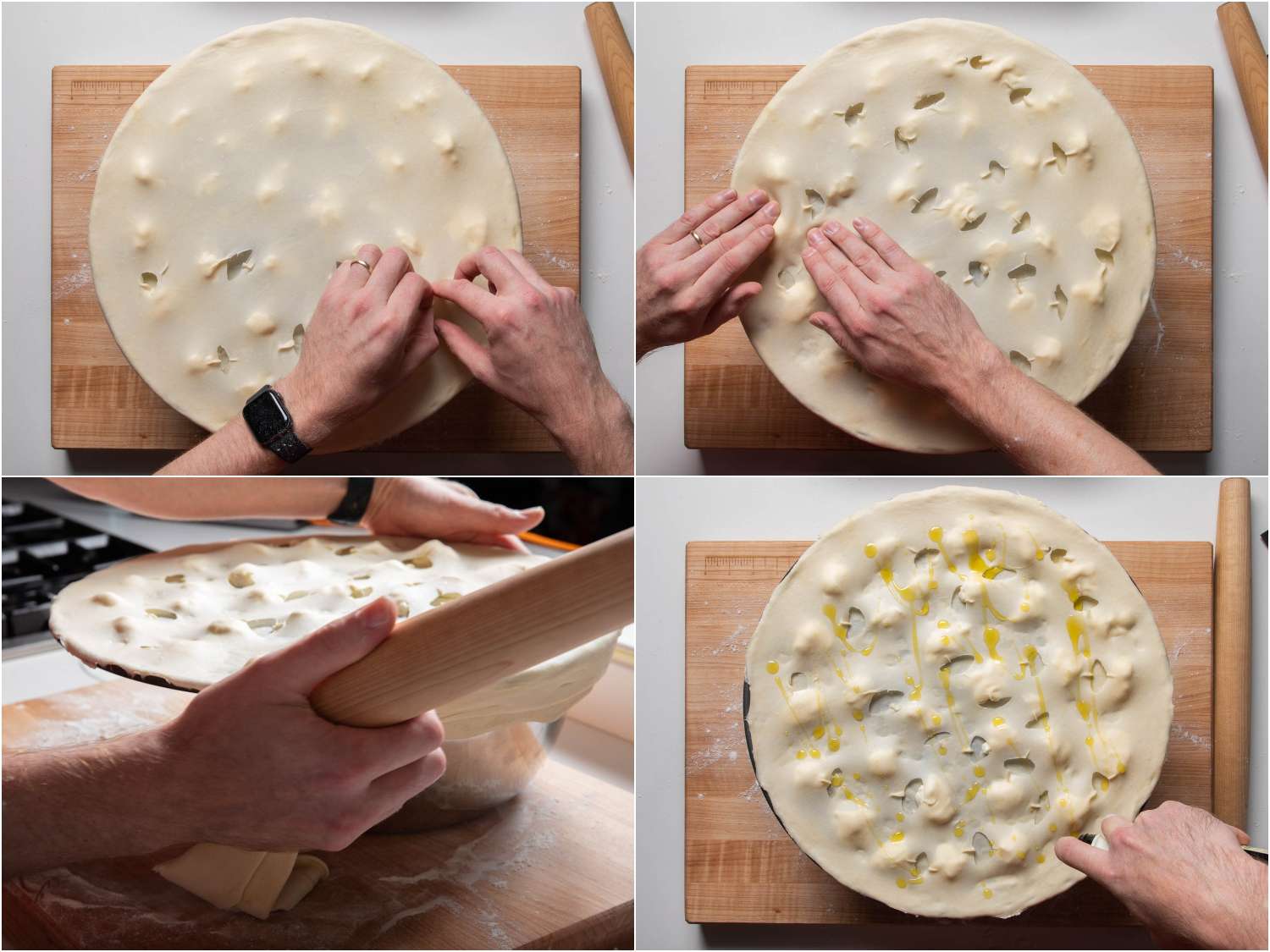 Tearing holes in the top layer of dough, cutting off excess dough, and drizzling with olive oil.