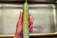 A sparkly gold dishwashing sponge from Hawkins New York next to a kitchen sink