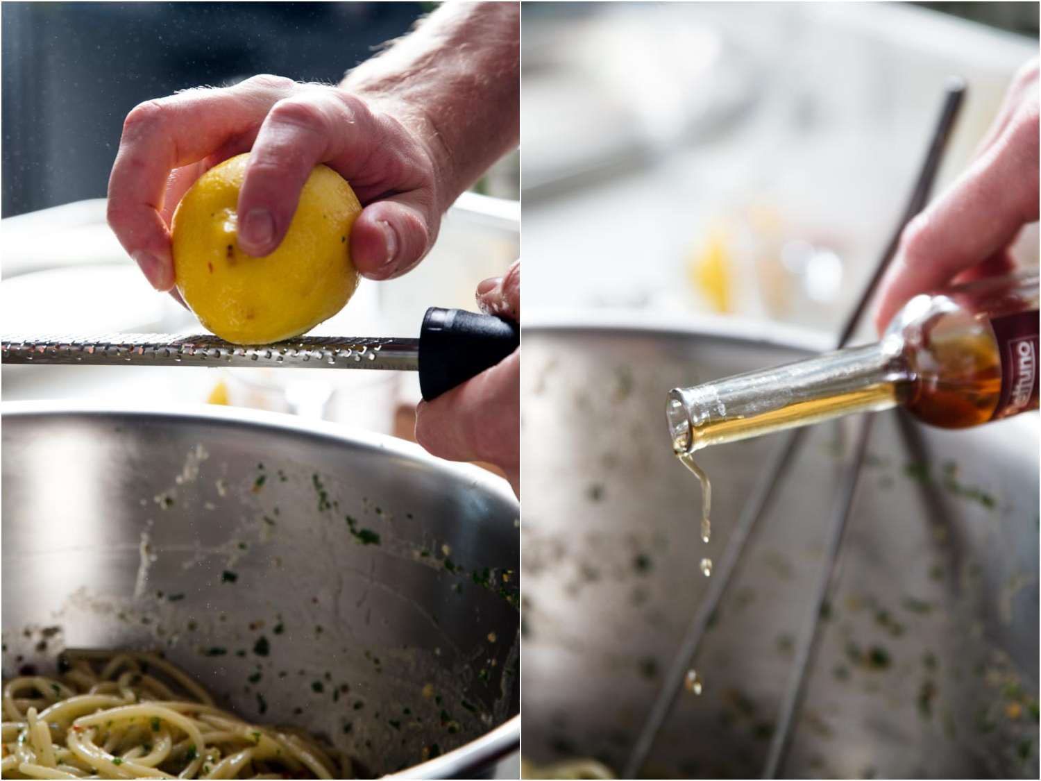 Finishing the pasta with lemon zest and a final splash of colatura.