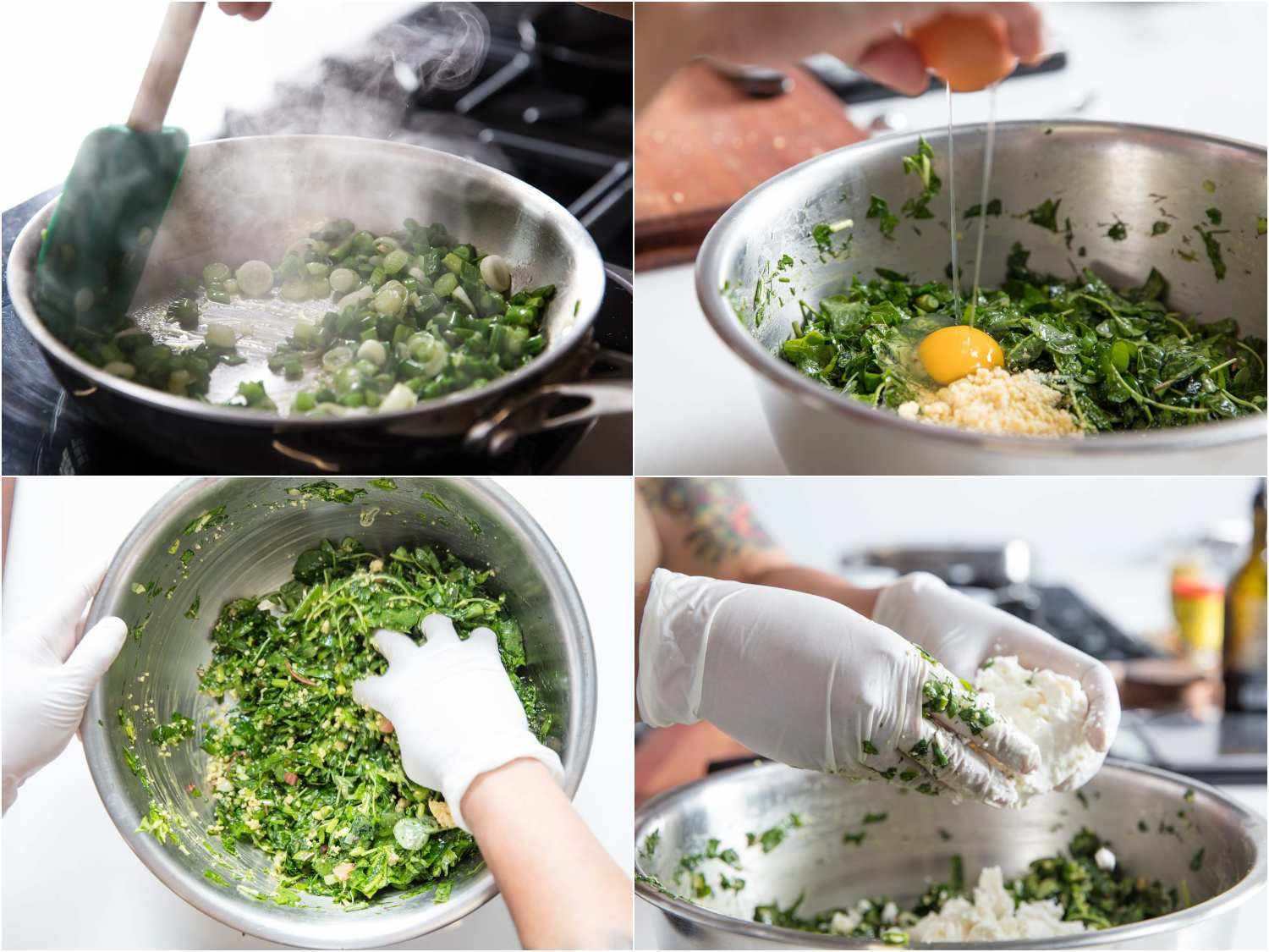 Making spanakopita filling
