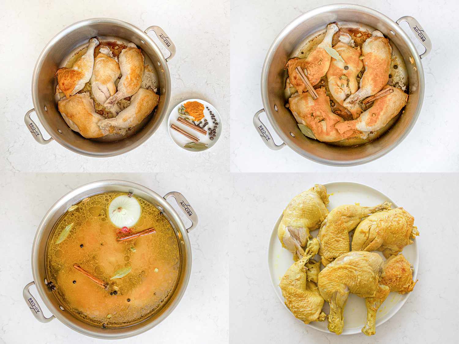 Four Image collage. Clockwise from upper left: Cooked chicken in pot with spices on a small plate to the side; chicken in pot covered with spices; chicken with spices, onions, and broth in pot; cooked chicken removed from pot and plated. 