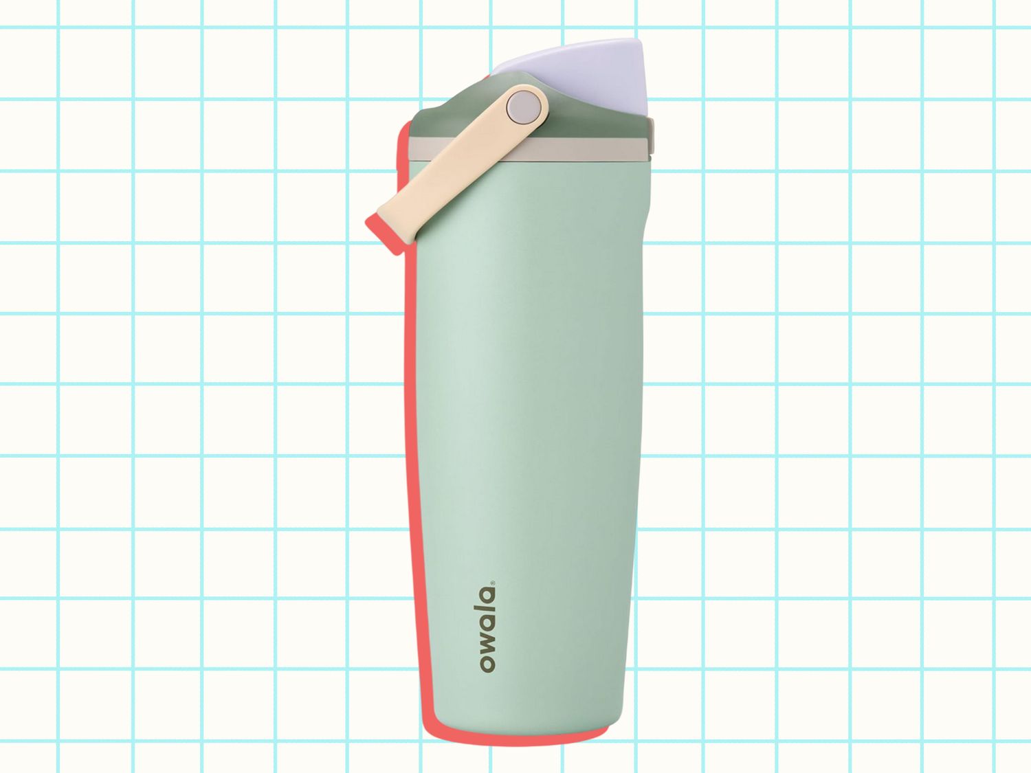 A reusable water bottle with a fliptop lid and a red accent labeled Owala shown against a checkered background