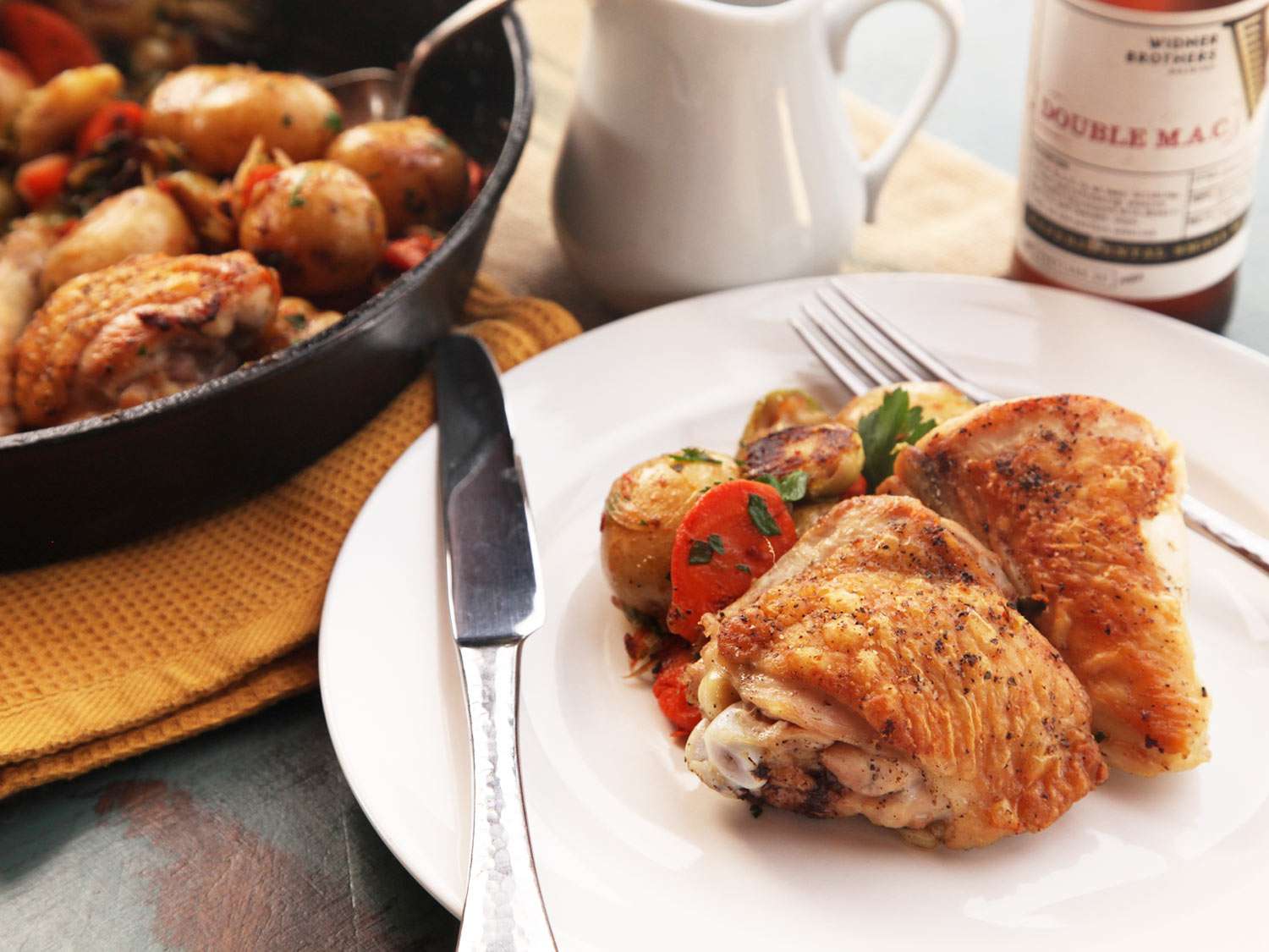 A plateful of pan-roasted chicken with extra-crispy skin