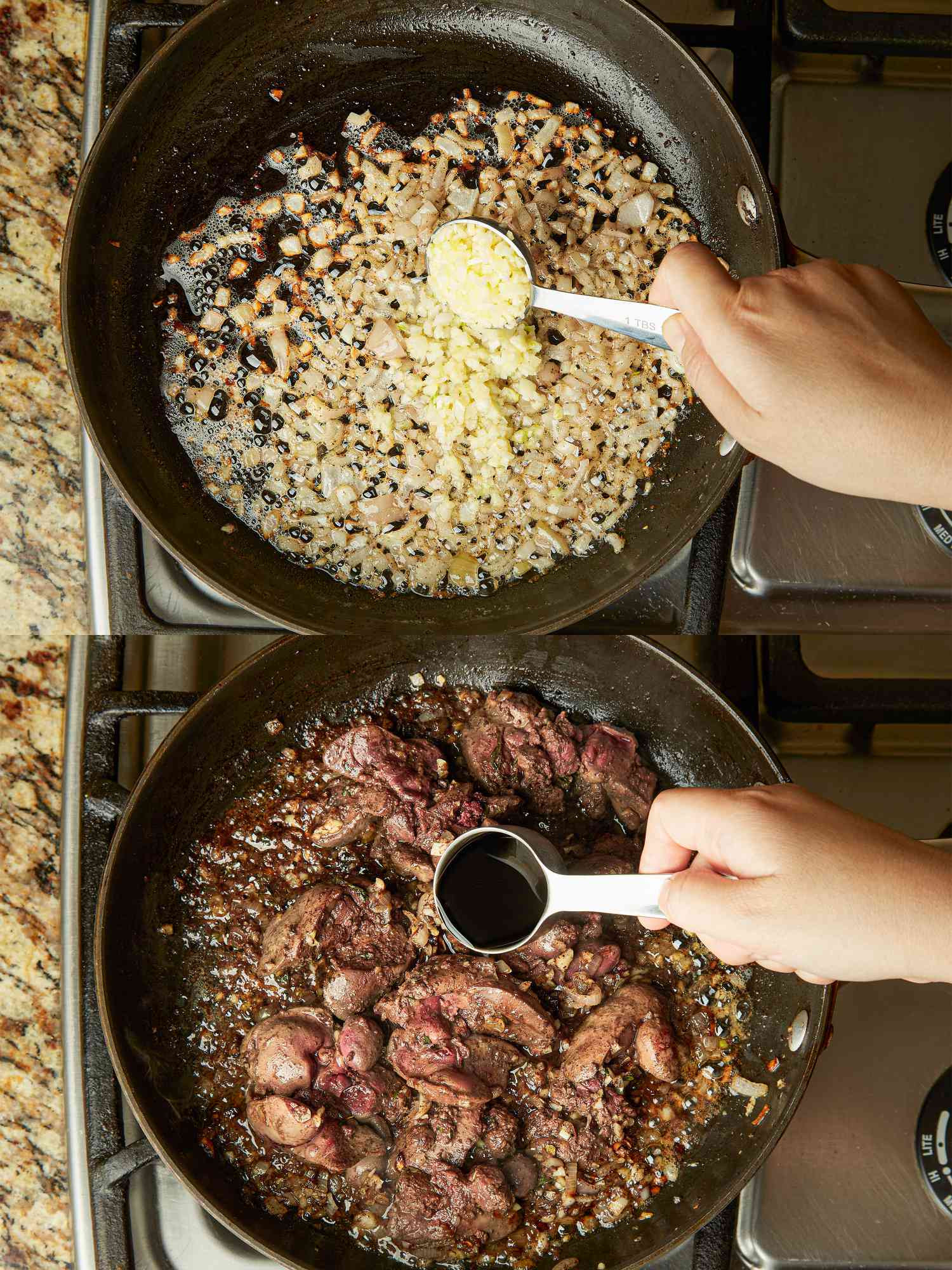 Two image collage of cooking shallots and garlic and livers added back with sherry