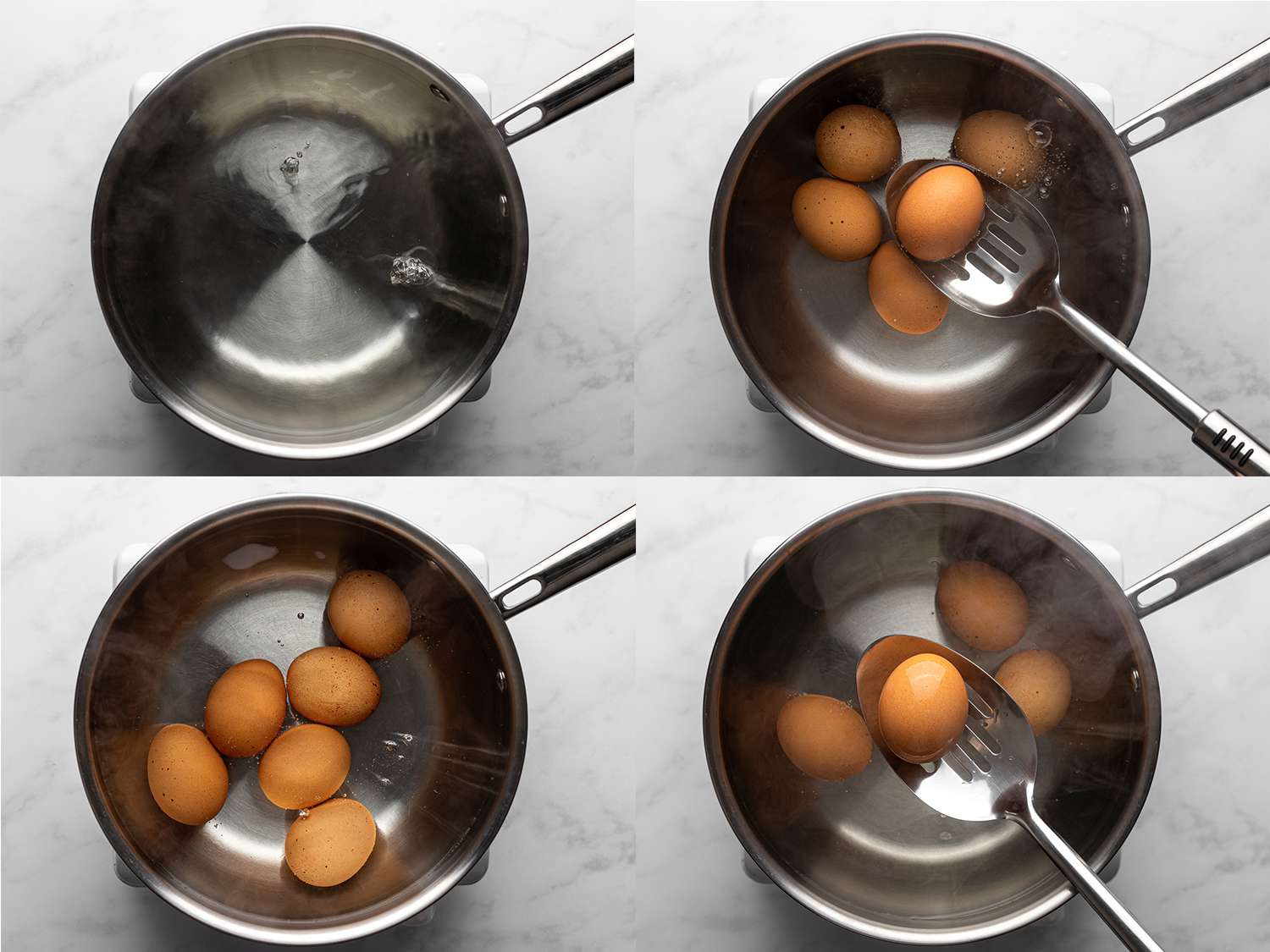 A four-image collage showing the eggs being added to a pan of gently boiling water and then removed with a slotted spoon.