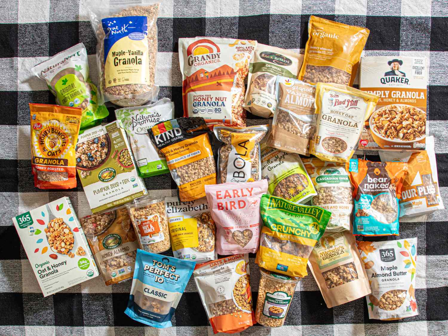 A selection of granola brands displayed on a checkered tablecloth