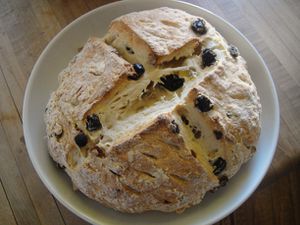 A loaf of spotted dog, an Irish soda bread with raisins. 