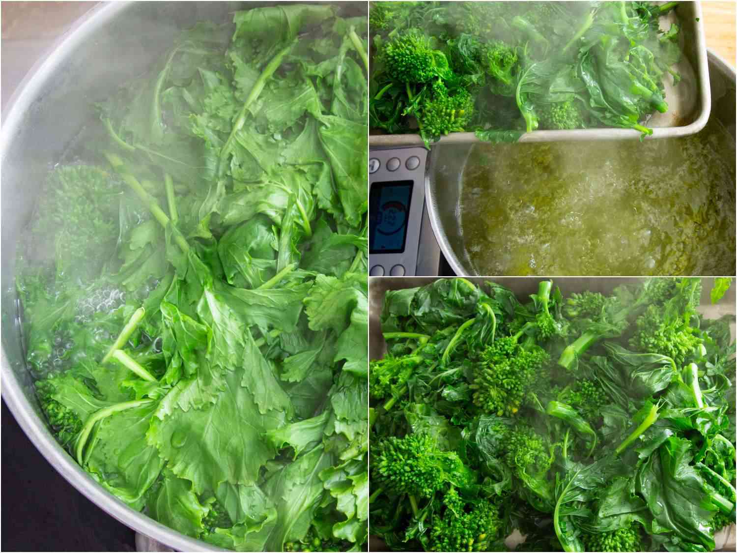 A three-image collage: The left image shows broccoli rape stems and leaves in boiling water. The top right image shows the stems and leaves removed from the water and resting in a sheet pan. The bottom right image shows the vegetable in a sheet pan. 