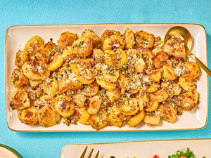 Overhead view of crispy roast potatoes