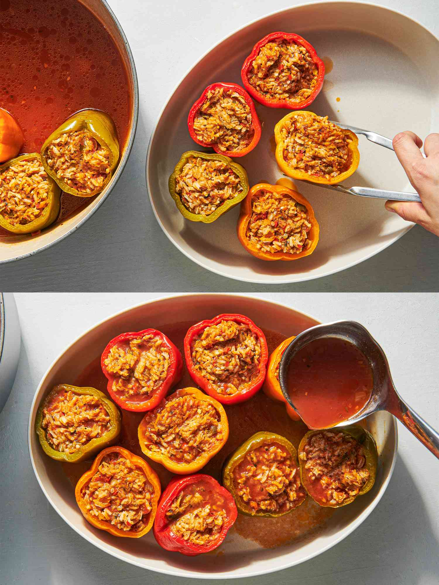 Overhead view of adding peppers to platter and pouring braising liquid over
