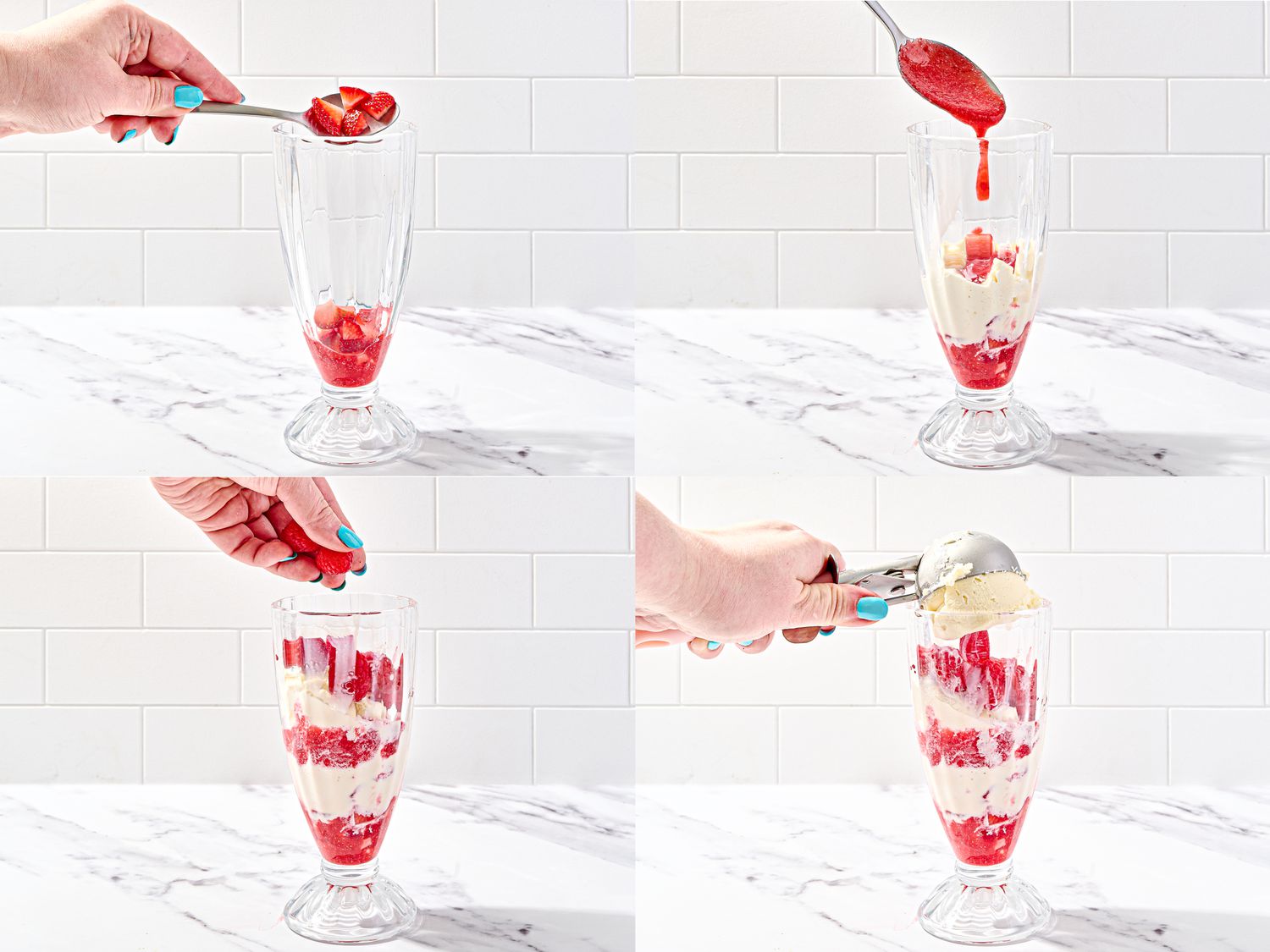 Four image collage of assembling Knickerbocker Glory