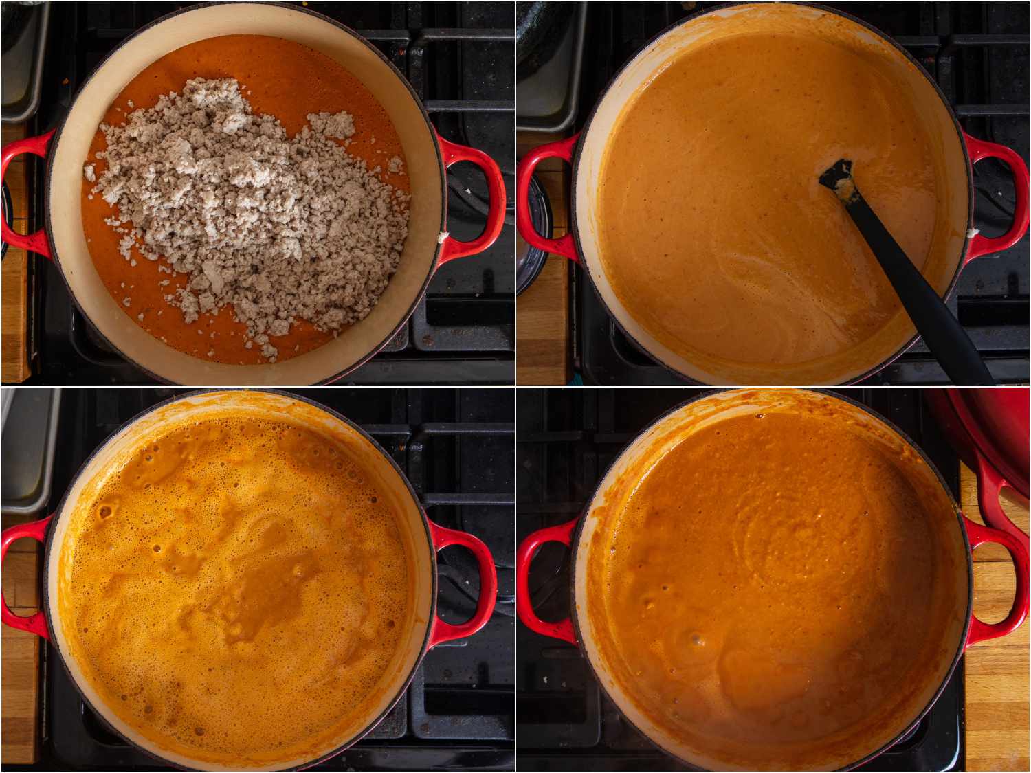 Simmering blended curry with fish until thickened to a saucy consistency