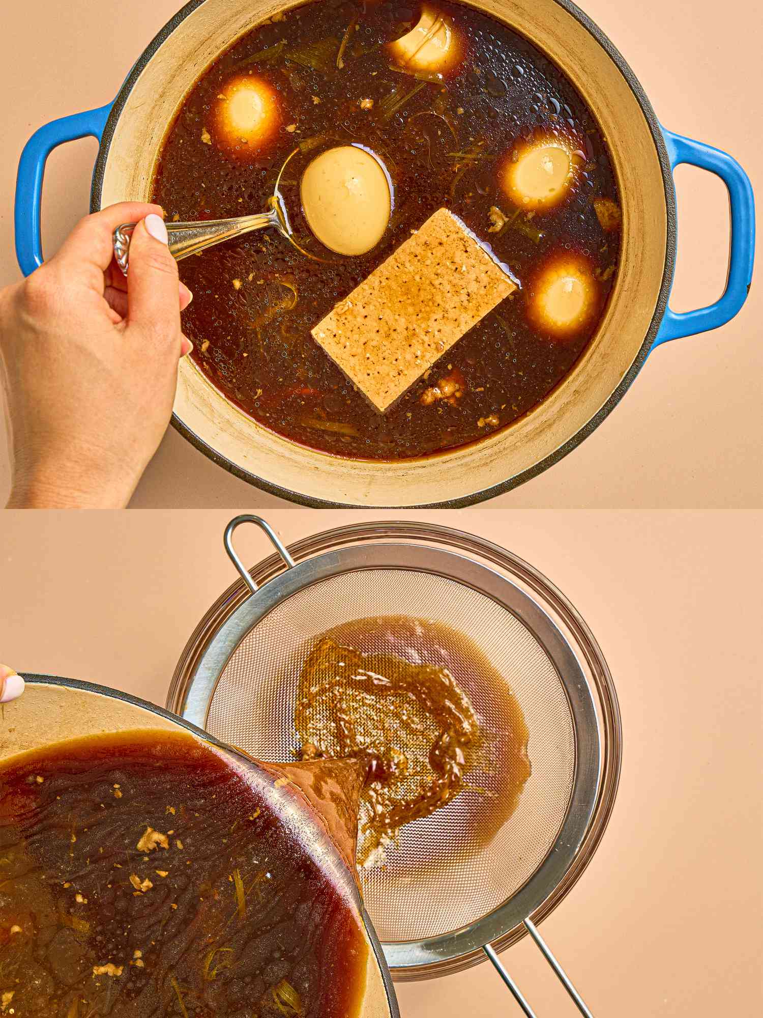 Overhead view of adding eggs and straining braising liquid