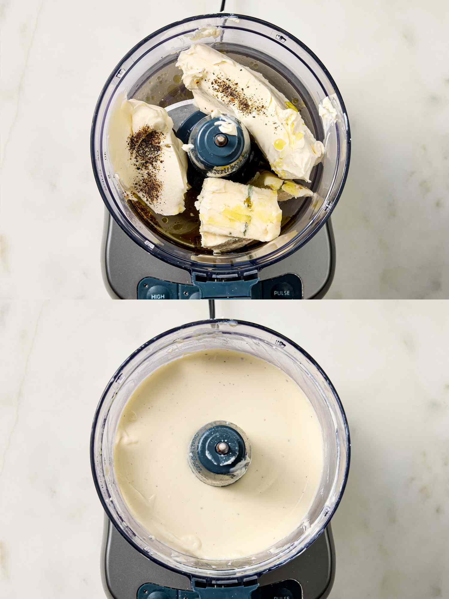 2 image collage. Top: ingredients in food processor. Bottom: Ingredients blended together until smooth