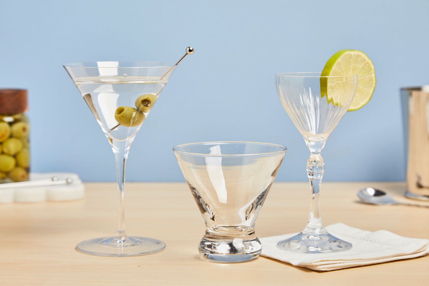 three martini glasses