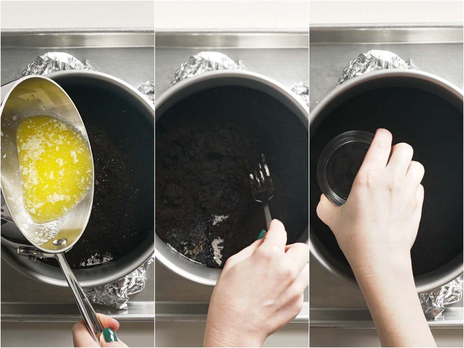 A collage: pouring melted butter on cookie crumbs, using a fork to combine and pressing the mixture to the bottom of the pan to make the crust. 