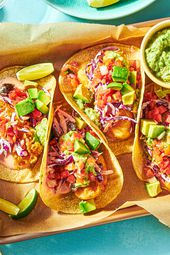 Overhead view of 4 fish tacos