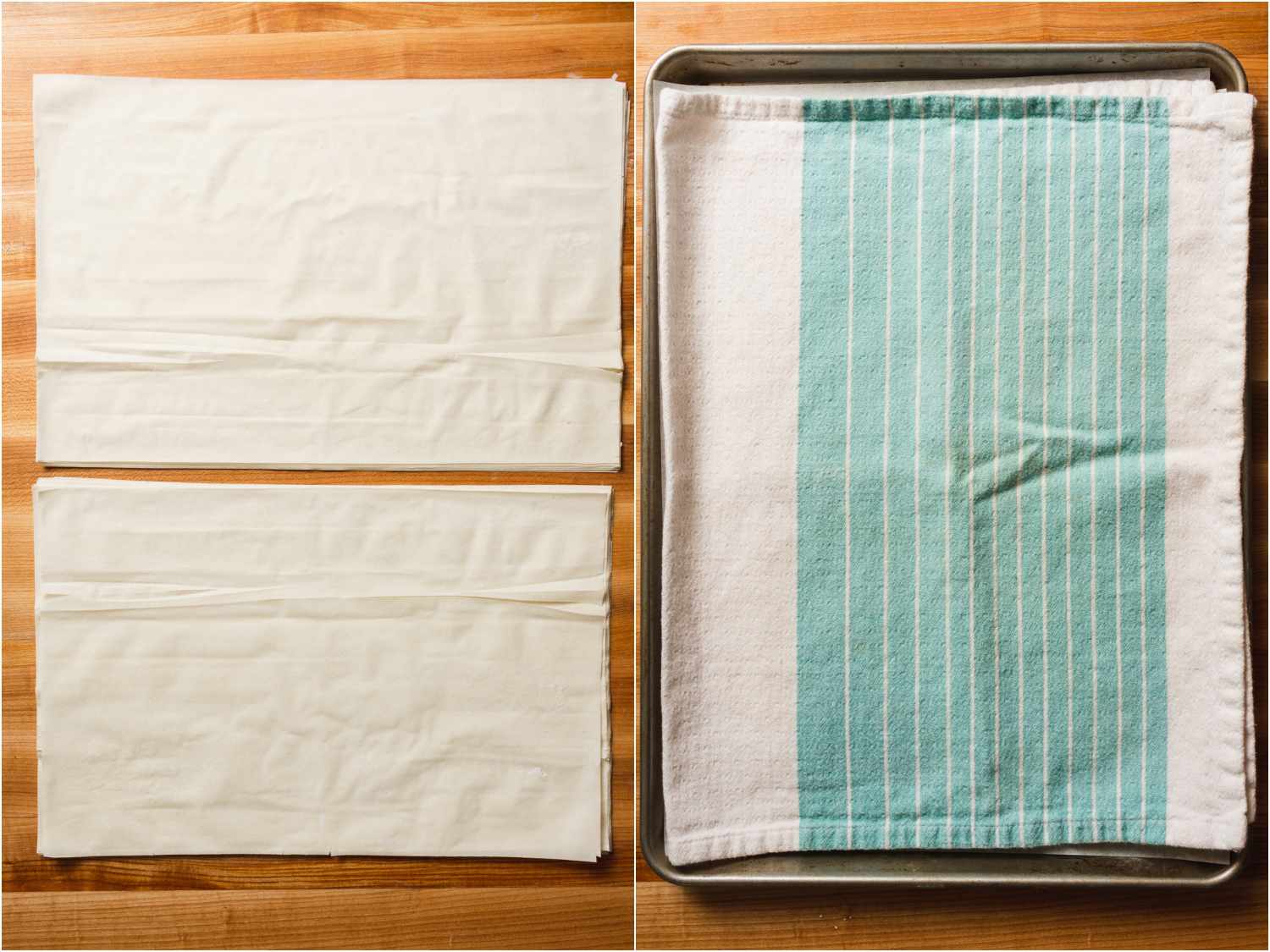 collage: phyllo sheets cut in half; covered with a kitchen towel