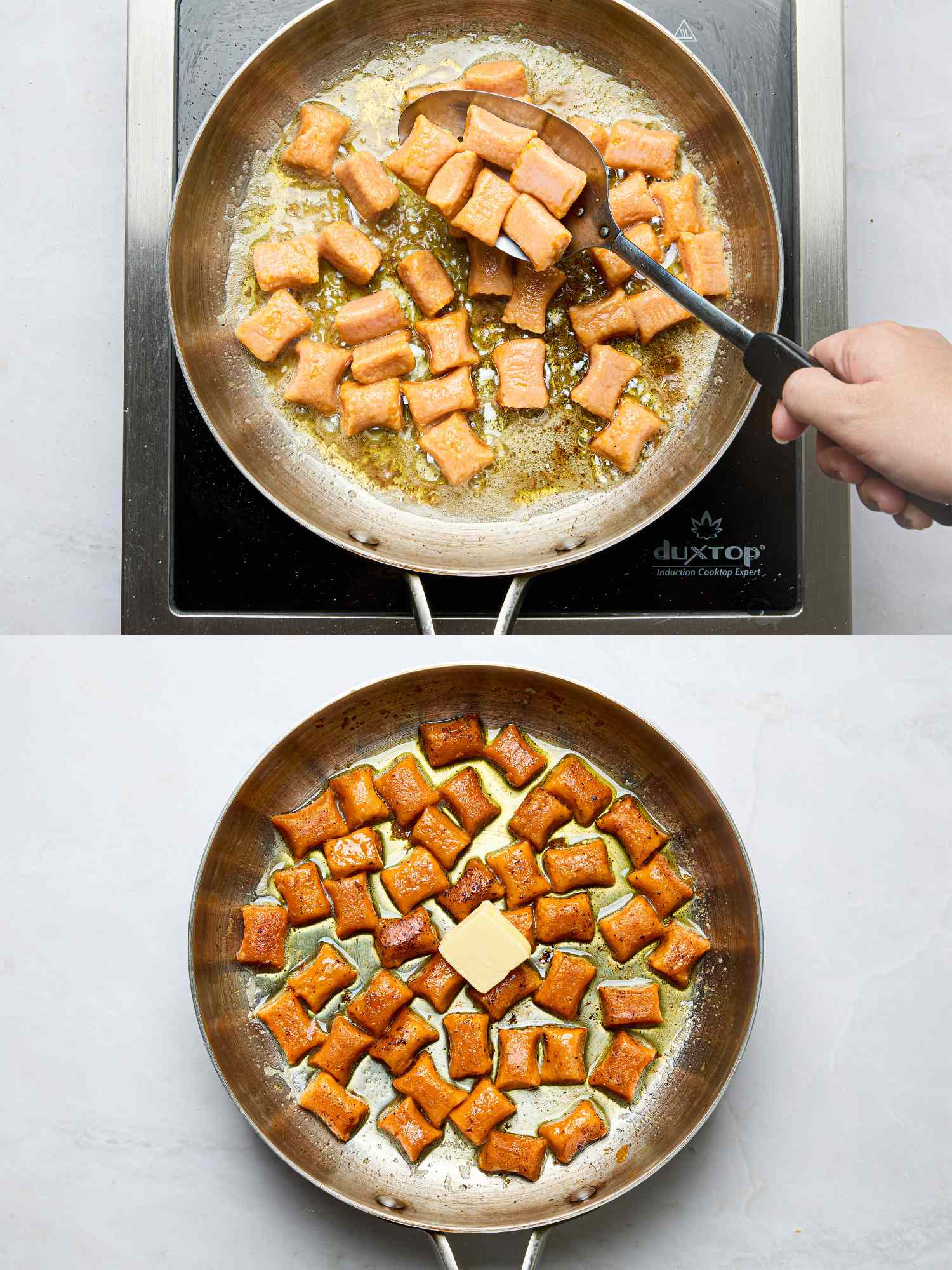 Sweet potato gnocchi cooking in a pan with a progression from soft to golden brown