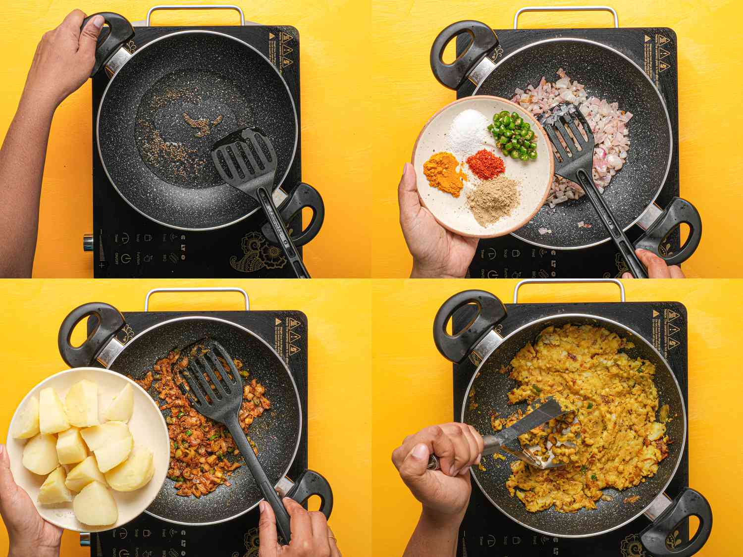 Four image collage of cooking potatoes