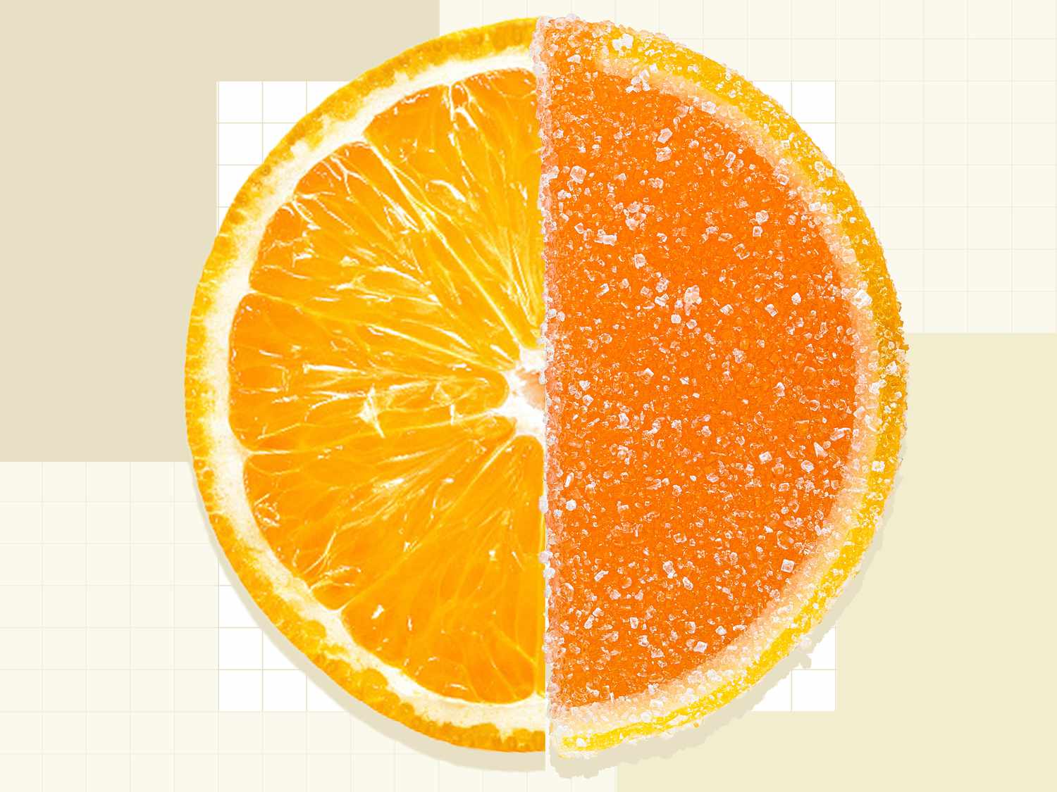 Half an orange paired with a matching sugar-coated candy slice
