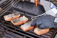 A gloved hand helping a spatula slide under a piece of salmon on the Weber Spirit E-310 Gas Grill