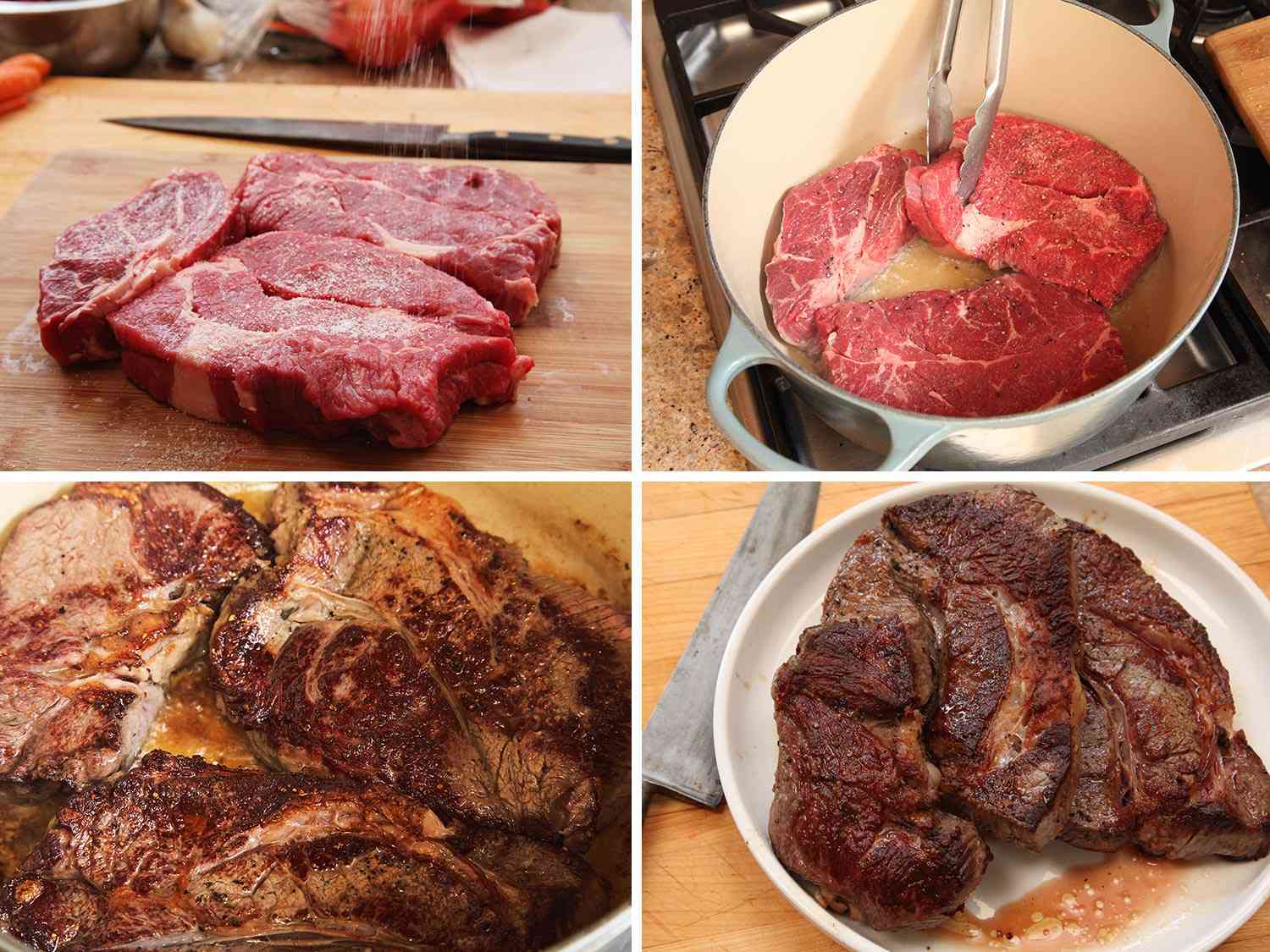 Photo collage showing seasoning chuck steaks, searing them in a Dutch oven, and letting rest on a white plate.