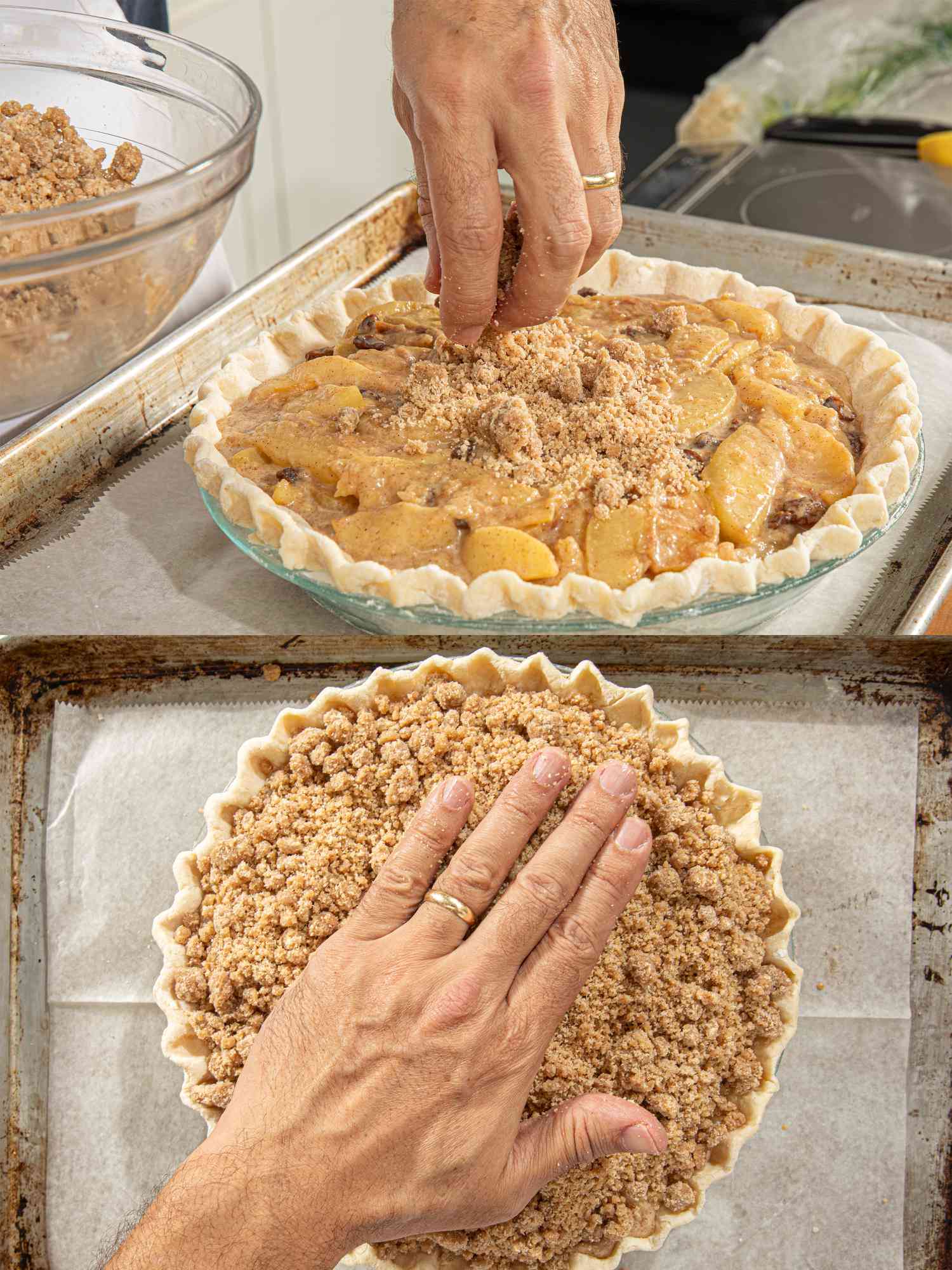 Two image collage adding crumb top and patting it down