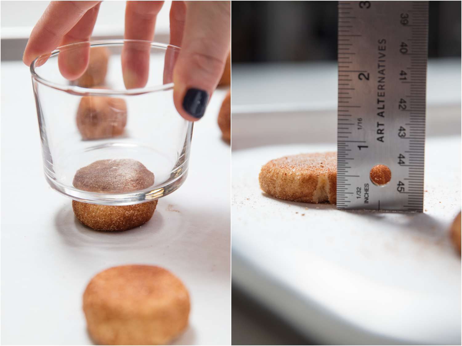 Pressing the snickerdoodle dough portion with the bottom of a glass and measuring its thickness with a ruler that reads half an inch. 