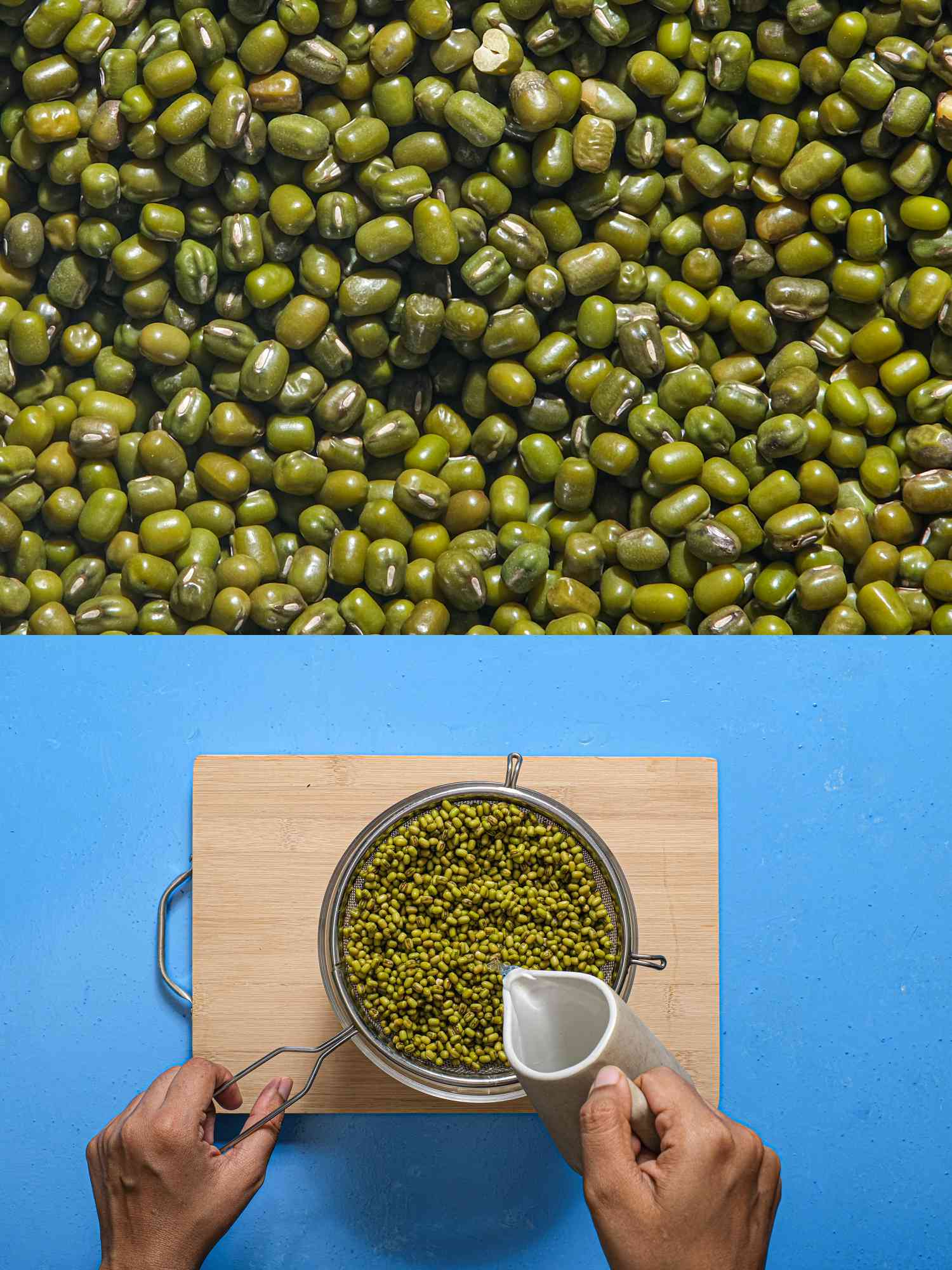 2 Image Collage. Top: Close up of green mung beans. Bottom: Hand pouring water to soak mung beans in a bowl 