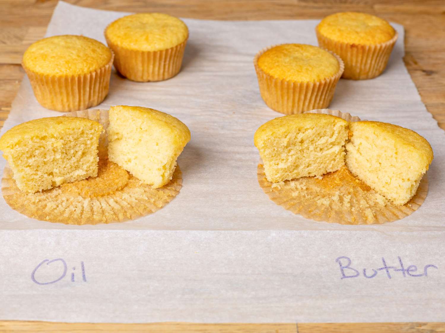 Two groups of cupcakes on parchment paper labeled Oil and Butter with cut halves displaying texture differences