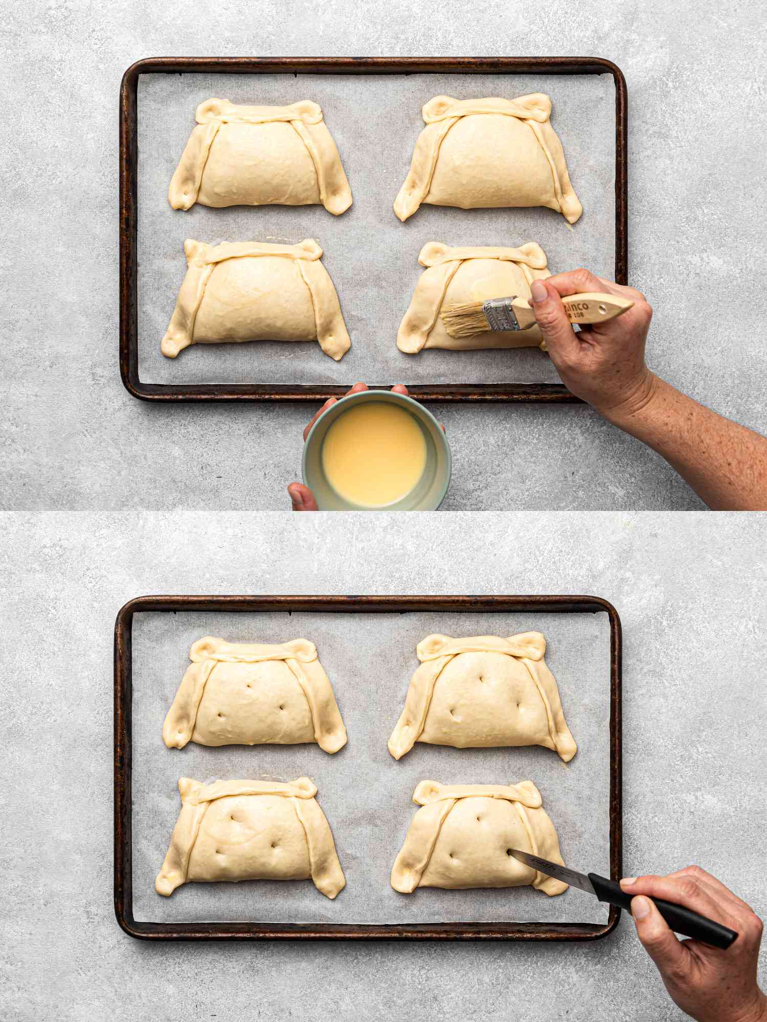 Top image shows empanada dough being brushed with egg wash, bottom image shows dough being pricked with a fork on a baking sheet.