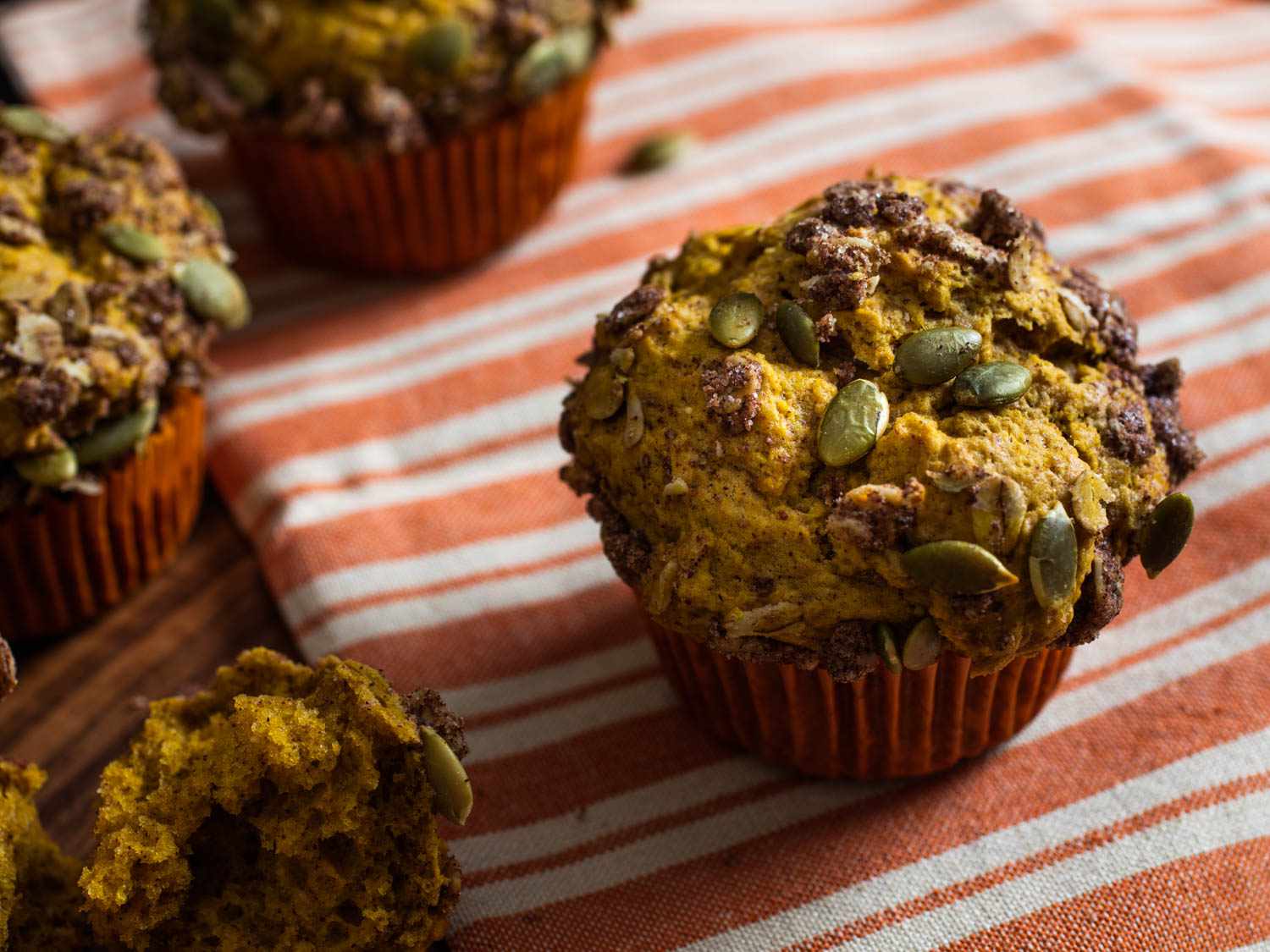 Close-up of a pumpkin muffin's streusel top.