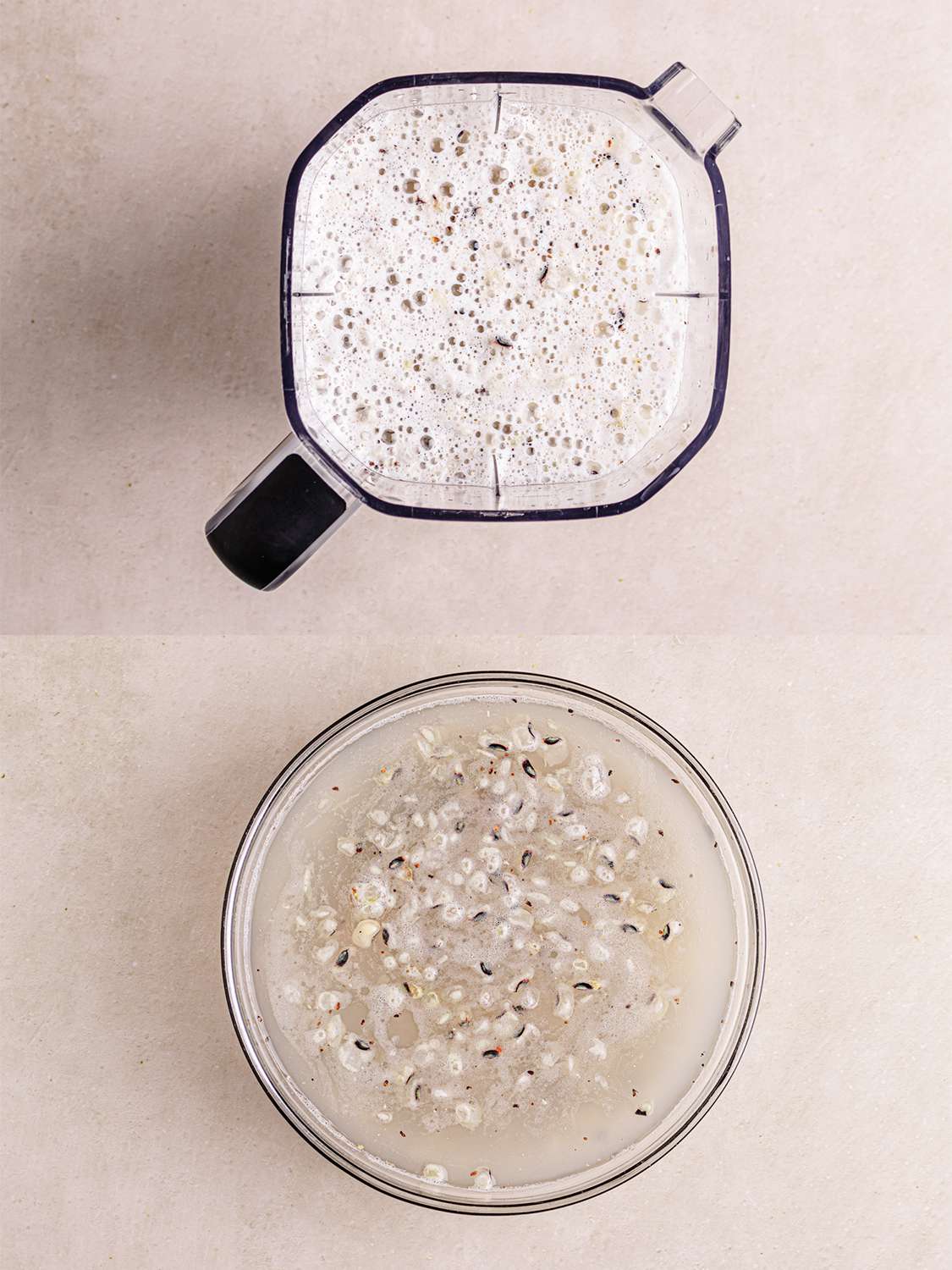 Two image collage of peas pulsed in a blender and then peas skins removed 