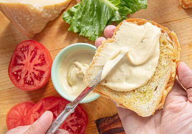 Overhead view of caesar mayo on a piece of bread