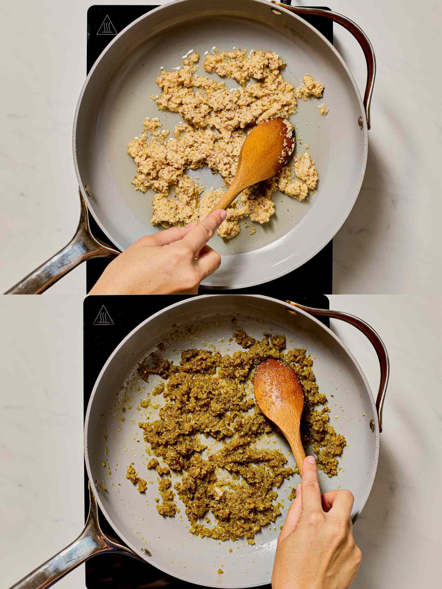Two image collage of cooking white spice paste