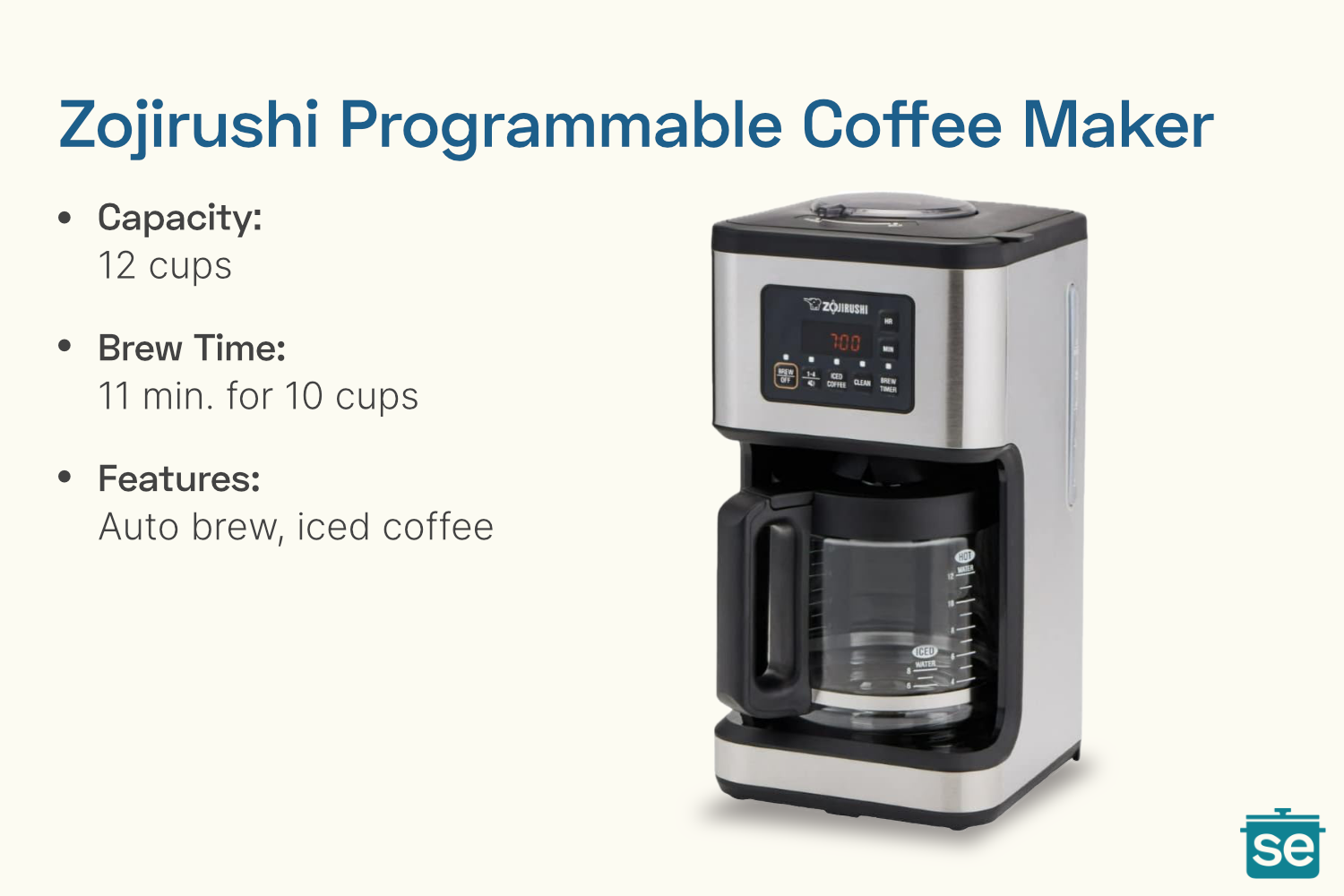 A Zojirushi programmable coffee maker with a 12cup capacity shown alongside its features and specifications